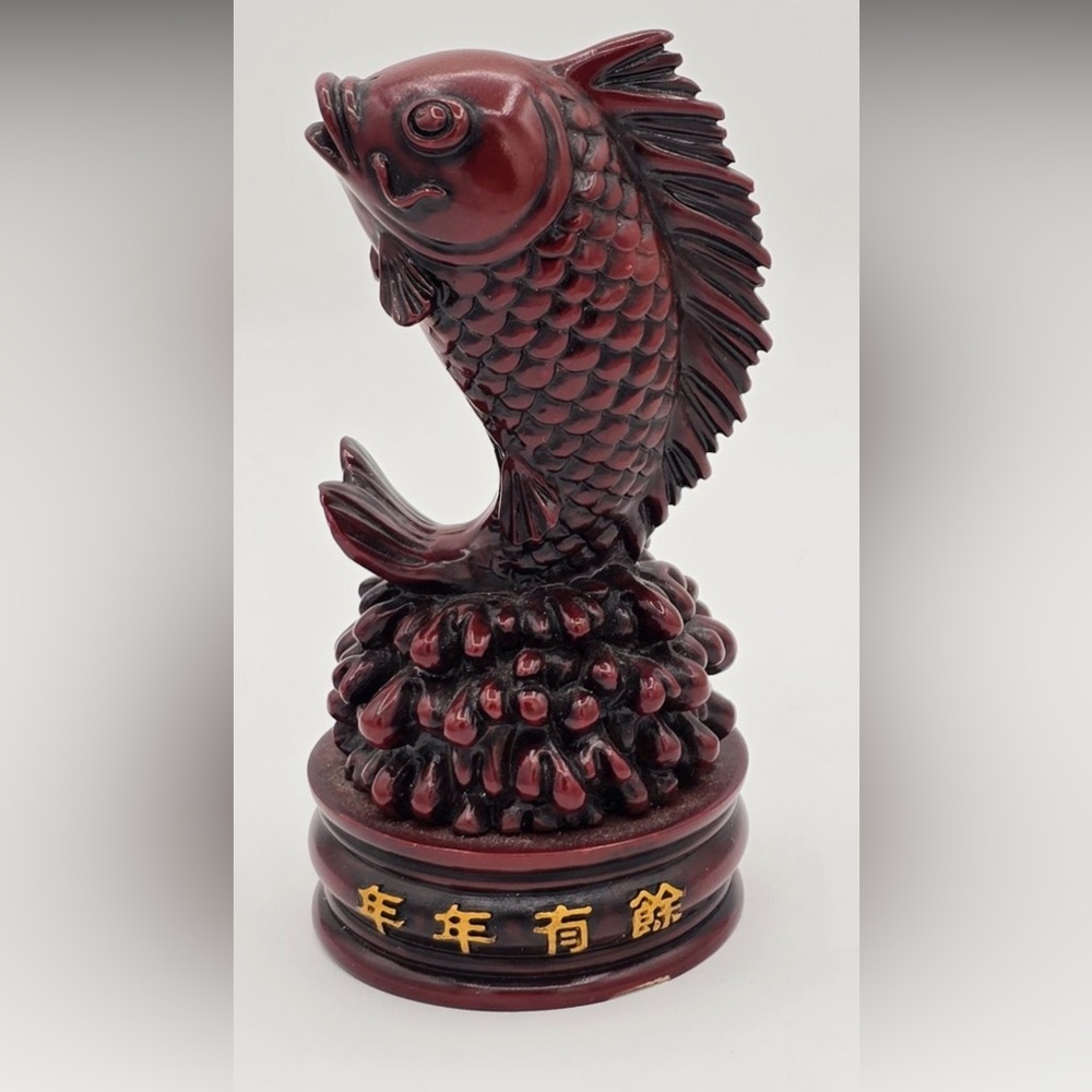 Vintage Chinese Koi Fish Mini Statue Figurine Red Tint Asian